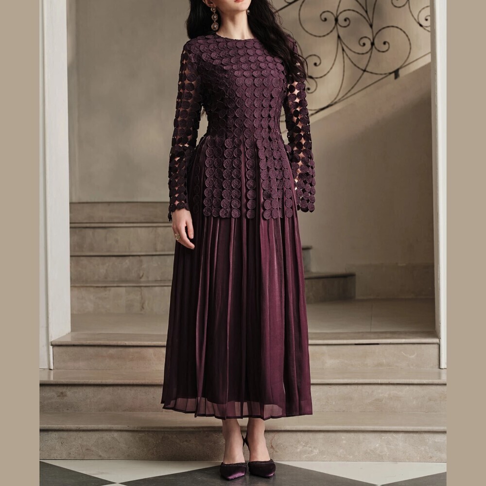 Red-Plum Circle Applique Sheer Long Sleeve Pleated Maxi Dress